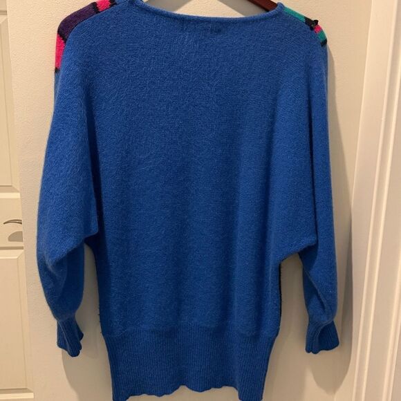 L’ultima Blue Colorful Abstract Sweater 80’s Retro with sequins& Rabbit hair M - Picture 4 of 10